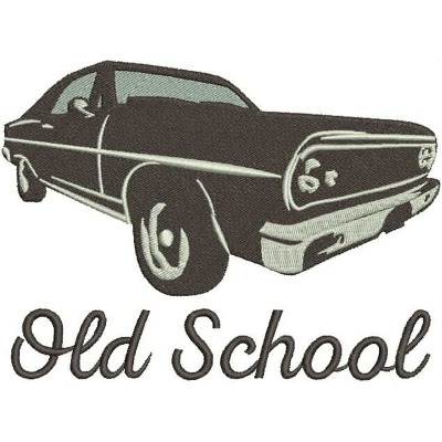 An embroidery design of a classic car in profile alongside the phrase "Old School" in a stylized font.