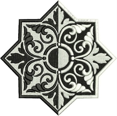 An embroidery design of an intricate eight-pointed star featuring elegant swirling motifs in black and white.