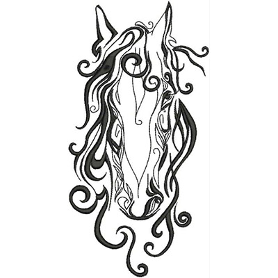 An embroidery design of a stylized horse’s head adorned with flowing, decorative locks of hair.