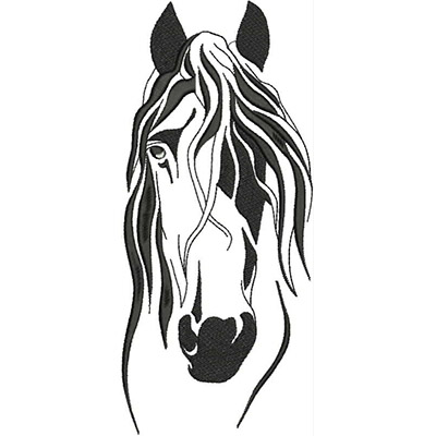 An embroidery design of a stylized horse's head featuring flowing mane in black and white.