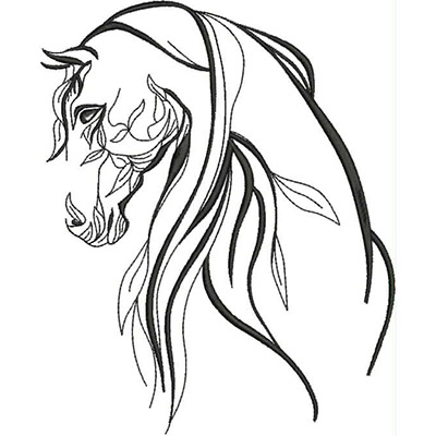 An embroidery design of a horse's head with flowing mane and delicate leaf accents.