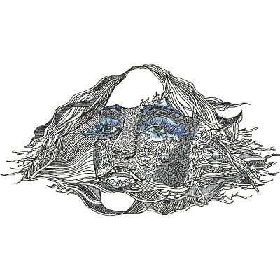 An embroidery design of a stylized face surrounded by flowing, wavy lines, featuring intricately detailed features and striking blue accents around the eyes.