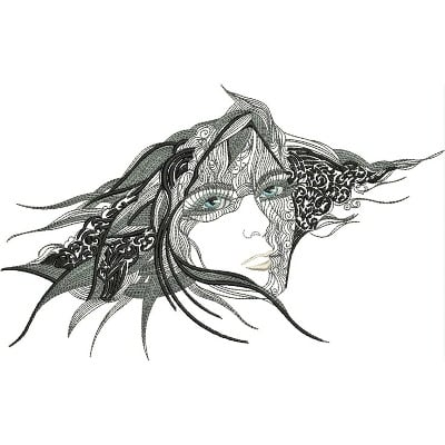 An embroidery design of a stylized woman's face with flowing hair and intricate detailing, featuring striking blue eyes.