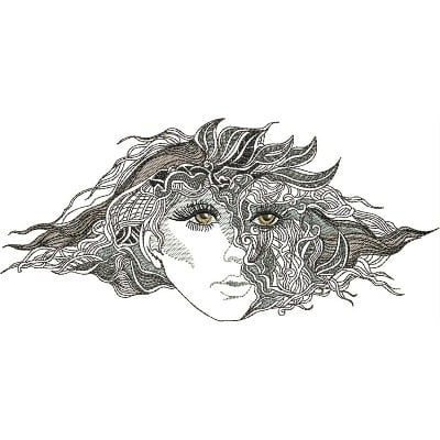 An embroidery design of a stylized face with intricate hair flowing around it, featuring detailed lines and expressive eyes.
