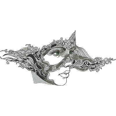 An embroidery design of a stylized face adorned with intricate flowing lines and decorative elements, showcasing an elegant, artistic representation.