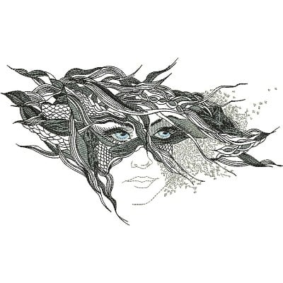 An embroidery design of a mysterious face with striking blue eyes, entwined with flowing hair and intricate patterns.