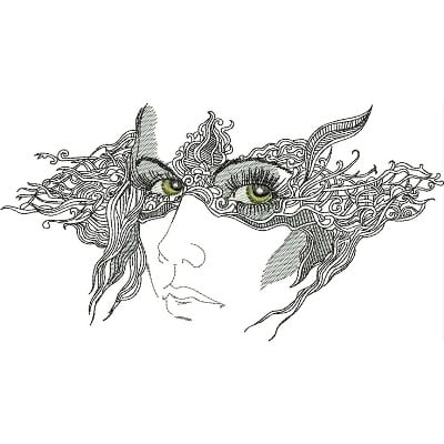 An embroidery design of a stylized face with intricate line work and vibrant green eyes, featuring flowing elements that resemble hair and decorative patterns.