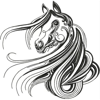 An embroidery design of a beautifully intricate horse's head with flowing mane, characterized by elegant curves and swirls.