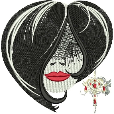 An embroidery design of a stylized face featuring long black hair, bold red lips, and a delicate decorative element.