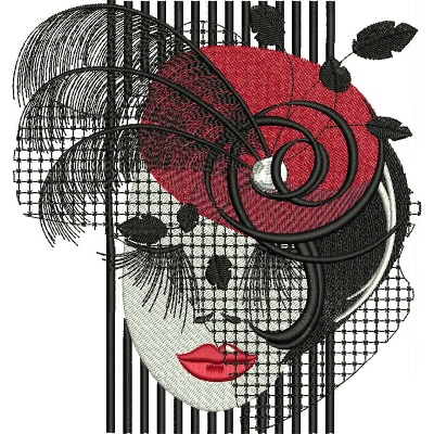 An embroidery design of a stylish woman's face featuring bold makeup, elaborate hat details, and flowing lines, embodying a chic and elegant aesthetic.