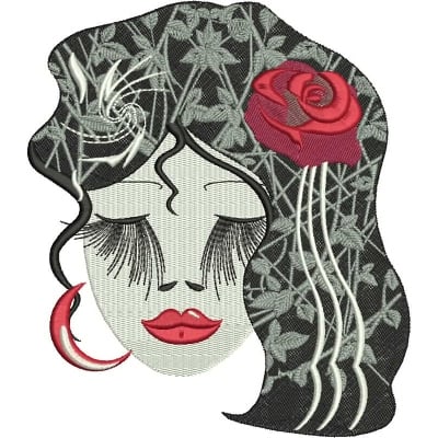 An embroidery design of a stylized woman's face featuring bold red lips, long lashes, and a rose accent in her hair.