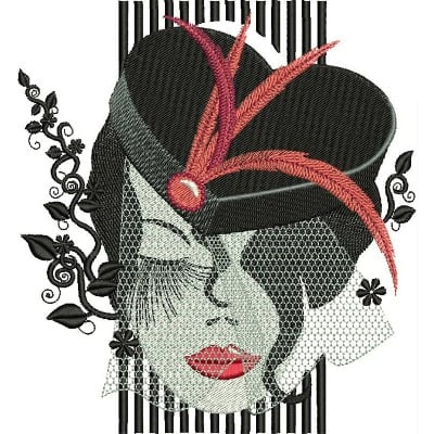 An embroidery design of a glamorous woman wearing a black hat adorned with feathers, featuring striking makeup and intricate floral details.