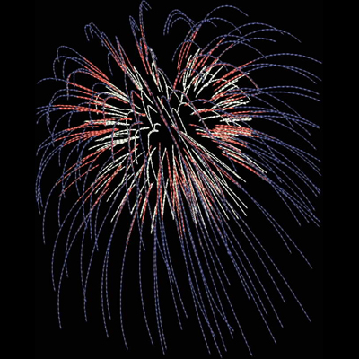 An embroidery design of a vibrant firework burst featuring red, white, and blue colors radiating outwards.