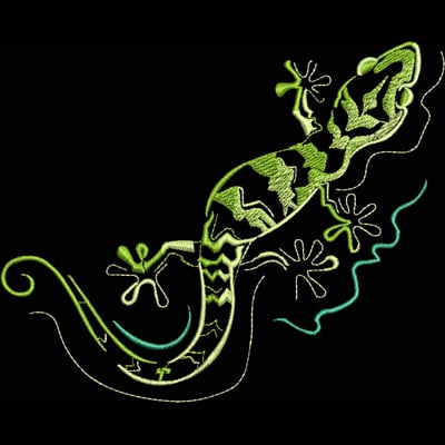 An embroidery design of a vibrant green gecko with intricately patterned scales and playful limbs.