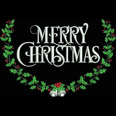 An embroidery design of the phrase "Merry Christmas" framed by a wreath of holly and bells.