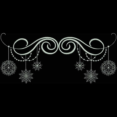 An embroidery design of ornate swirls adorned with hanging snowflakes and decorative elements.