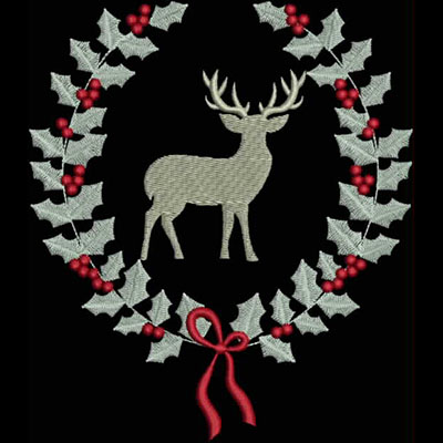 An embroidery design of a deer surrounded by a festive wreath adorned with holly leaves and red berries, finished with a decorative bow.