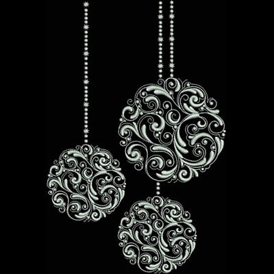 An embroidery design of three intricately patterned ornaments, each featuring swirling lines and decorative elements, suspended by delicate strings.