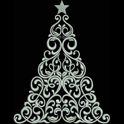 An embroidery design of an ornate Christmas tree featuring intricate swirls and a star on top.