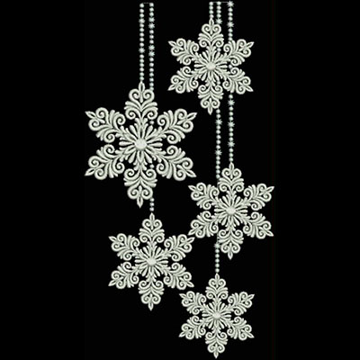 An embroidery design of intricately detailed snowflakes, elegantly arranged with delicate bead-like accents.