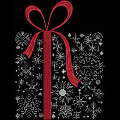 An embroidery design of a festive gift wrapped in a red ribbon, adorned with intricate snowflakes.