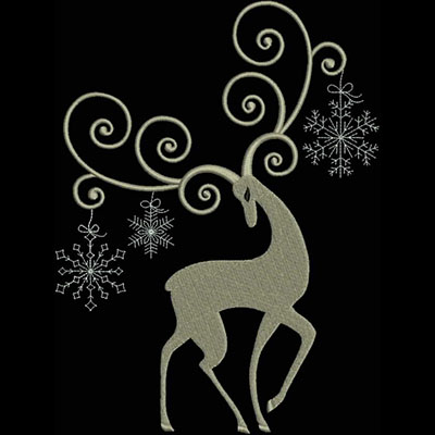 An embroidery design of a graceful reindeer with curly antlers adorned with snowflakes.