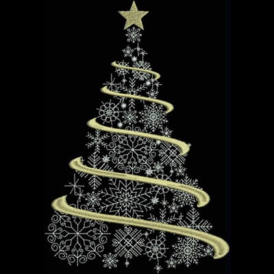 An embroidery design of a stylized Christmas tree adorned with snowflakes and a star on top, featuring a golden swirl embellishment.