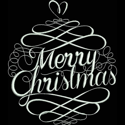 An embroidery design of elegant swirls featuring the phrase "Merry Christmas" prominently displayed in a stylized font.