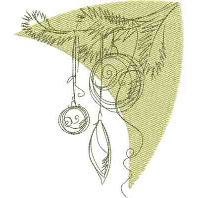 An embroidery design of whimsical hanging ornaments and a leaf, characterized by delicate linework and flowing shapes.