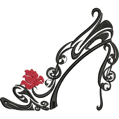An embroidery design of an elegant high-heeled shoe featuring ornate black swirls and a vibrant red flower accent.