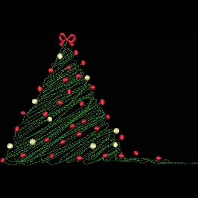An embroidery design of a stylized green Christmas tree adorned with red and yellow ornaments and topped with a red bow.