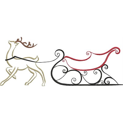 An embroidery design of a stylized reindeer pulling an ornate sleigh with elegant curves and accents.