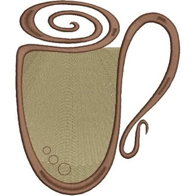 An embroidery design of a whimsical coffee mug featuring a stylized swirl handle and three decorative circles on the base.