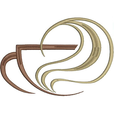 An embroidery design of a stylized coffee cup with swirling steam in earthy tones.
