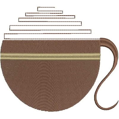 An embroidery design of a stylized coffee cup with a layered top and a curved handle.
