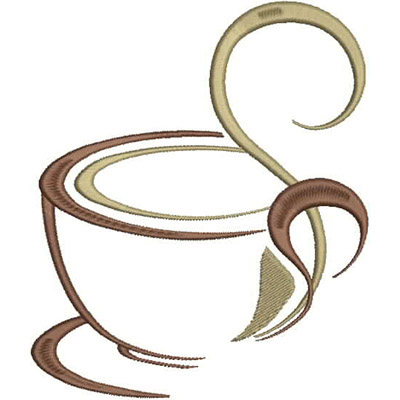 An embroidery design of a stylized coffee cup with elegant swirls.
