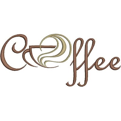 An embroidery design of the word "Coffee" featuring elegant typography and a steaming coffee cup.