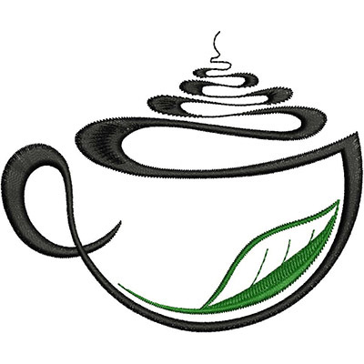 An embroidery design of a stylized coffee cup with wisps of steam and a green leaf.