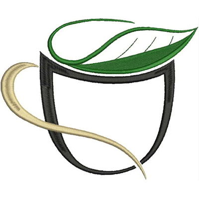 An embroidery design of a stylized coffee cup adorned with a green leaf and a gentle swirl, symbolizing freshness and warmth.