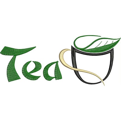 An embroidery design of the word "Tea" styled with a green leaf and a cup, featuring flowing letters and a graceful curve representing steam.