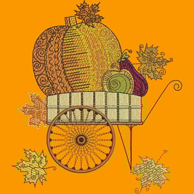 An embroidery design of a decorative cart filled with a pumpkin, a pear, and spiral elements, accompanied by autumn leaves.