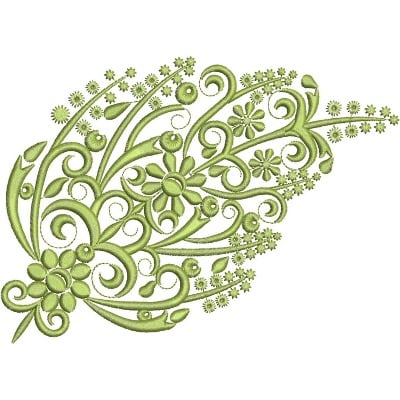 An embroidery design of intricate green floral elements featuring swirls, leaves, and various sizes of blossoms.