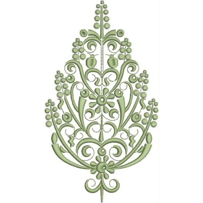 An embroidery design of a detailed floral arrangement featuring various leaves and blossoms in shades of green.