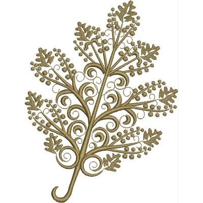An embroidery design of a finely detailed leaf with intricate swirling patterns and floral accents in a golden thread.
