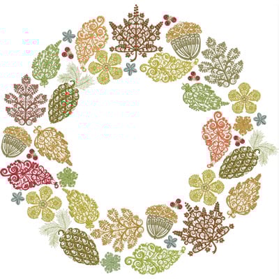 An embroidery design of a circular wreath made of intricately patterned leaves, flowers, and acorns in autumn colors.