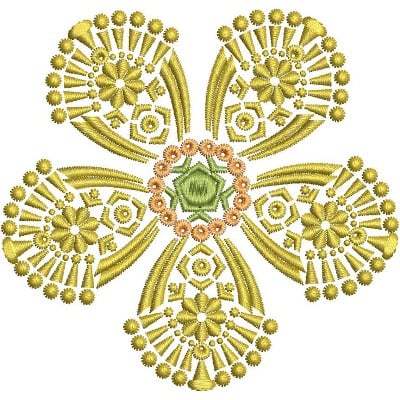An embroidery design of a floral motif featuring intricate patterns with yellow flowers and decorative elements arranged symmetrically.