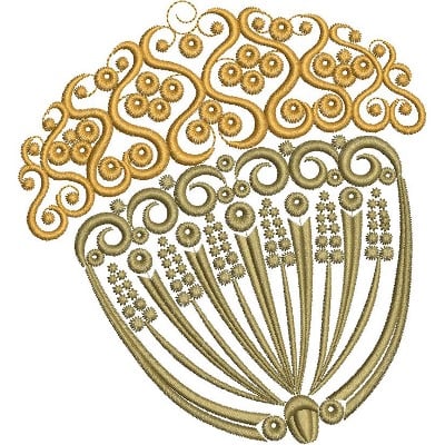An embroidery design of an ornate acorn featuring a flowing, curly top and delicate detailing at its base.