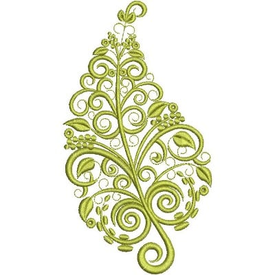 An embroidery design of a detailed, swirling leaf pattern embellished with vines and small buds in various shades of green.