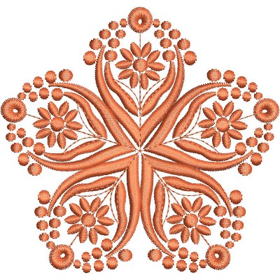 An embroidery design of a symmetrical floral pattern featuring stylized flowers and swirling vines in warm orange tones.