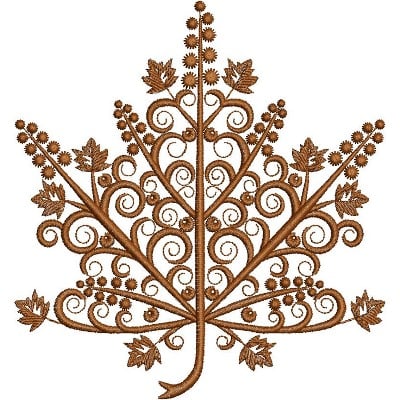 An embroidery design of a detailed maple leaf featuring intricate swirls and floral elements in a rich brown color.